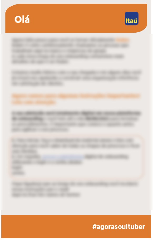 E‑mail de onboarding depois do redesenho: cabeçalho com saudação e marca, corpo em blocos, destaque para prazo e instruções, e rodapé com assinatura